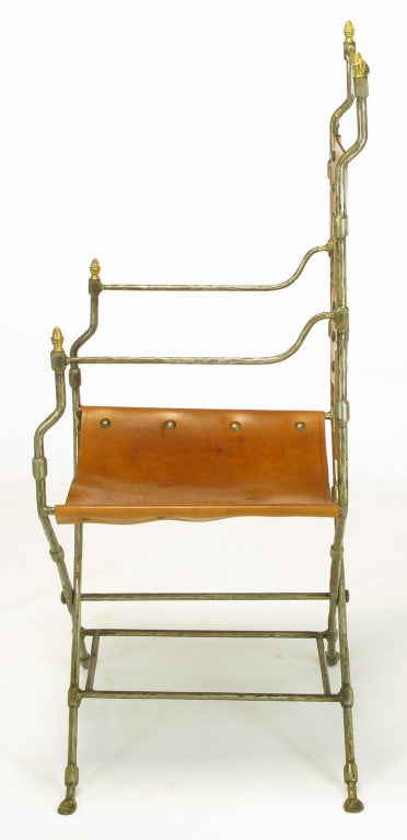 Mid-20th Century Four Custom Leather & Hand Forged Iron X-Base Sling Chairs
