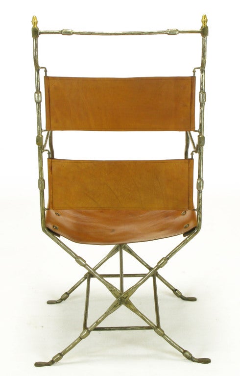 Four Custom Leather & Hand Forged Iron X-Base Sling Chairs 2