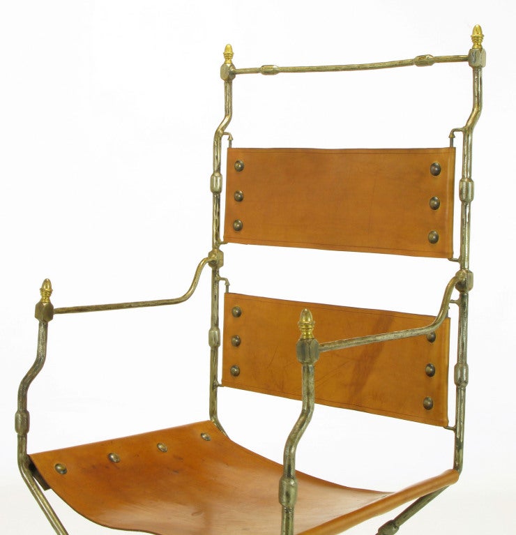Four Custom Leather & Hand Forged Iron X-Base Sling Chairs 3