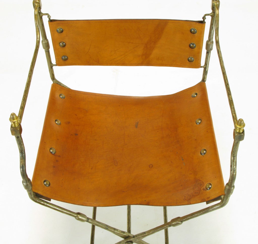 Four Custom Leather & Hand Forged Iron X-Base Sling Chairs 4