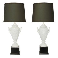 Pair Porcelain Urn Table Lamps With Bisque Male & Female Cameos