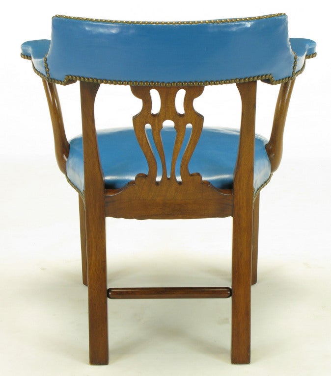 American Pair Barnard & Simonds Blue Leather & Mahogany Arm Chairs