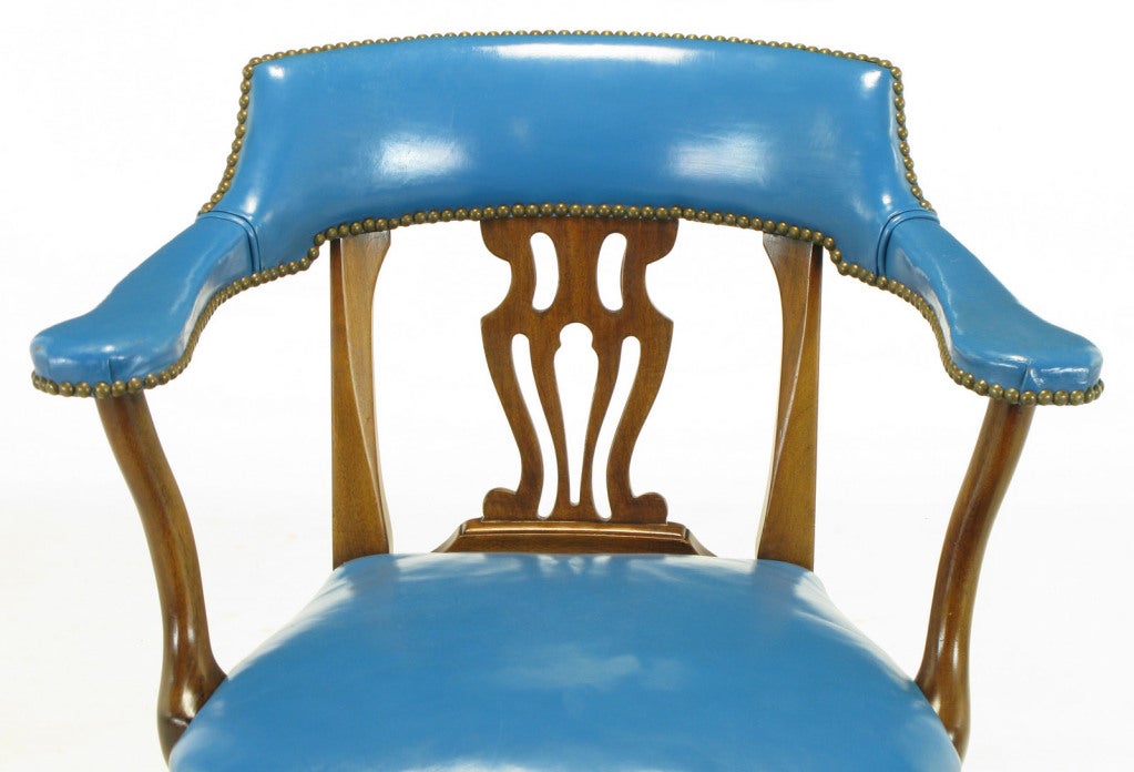 Mid-20th Century Pair Barnard & Simonds Blue Leather & Mahogany Arm Chairs