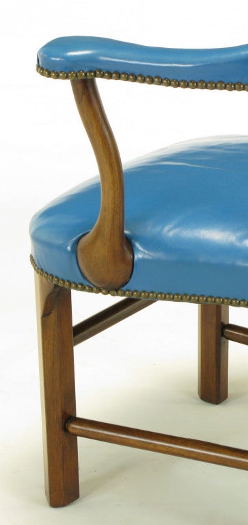 Pair Barnard & Simonds Blue Leather & Mahogany Arm Chairs 1