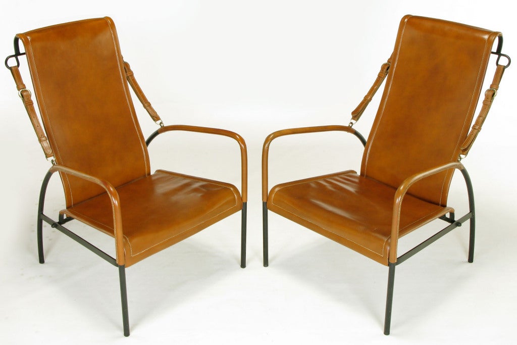 American Pair Custom Leather & Wrought Iron High Back Lounge Chairs
