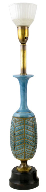 American Pair Rembrandt Cerulean Blue Pottery & Brass Table Lamps
