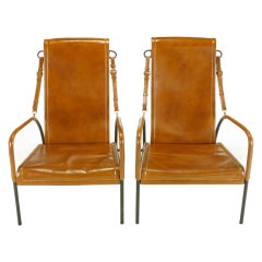 Pair Custom Leather & Wrought Iron High Back Lounge Chairs