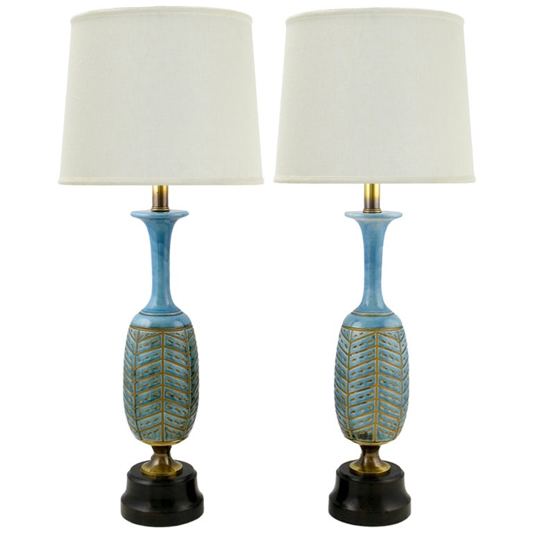 Pair Rembrandt Cerulean Blue Pottery & Brass Table Lamps