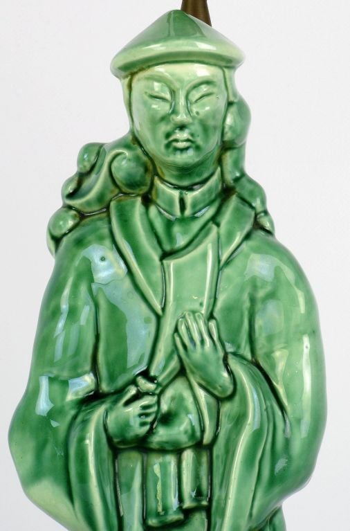Pair of Jade Green Porcelain Asian Figure Table Lamps 2