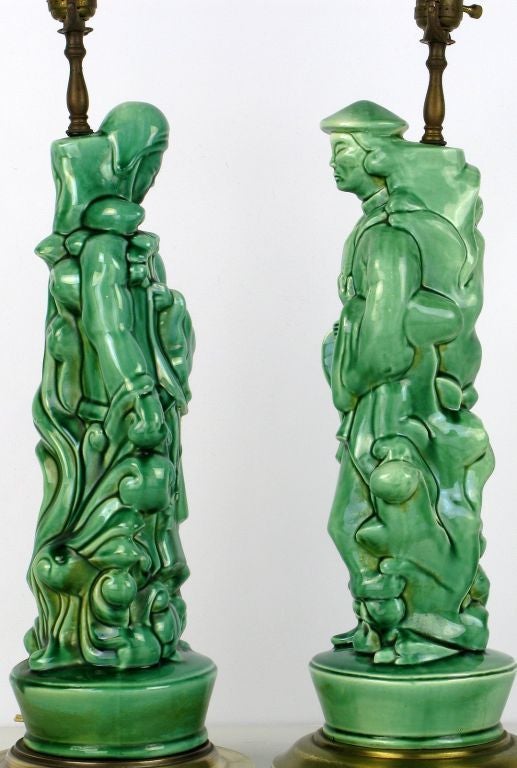 Chinese Pair of Jade Green Porcelain Asian Figure Table Lamps