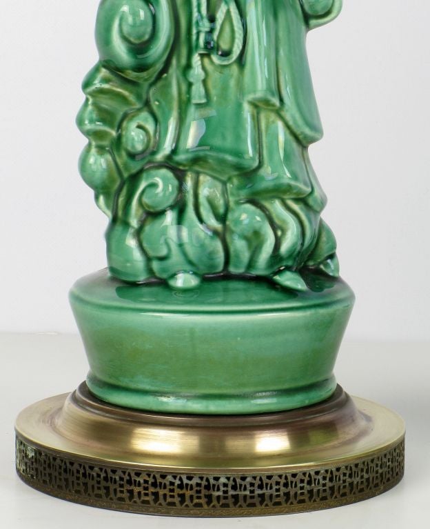 Pair of Jade Green Porcelain Asian Figure Table Lamps In Good Condition In Chicago, IL