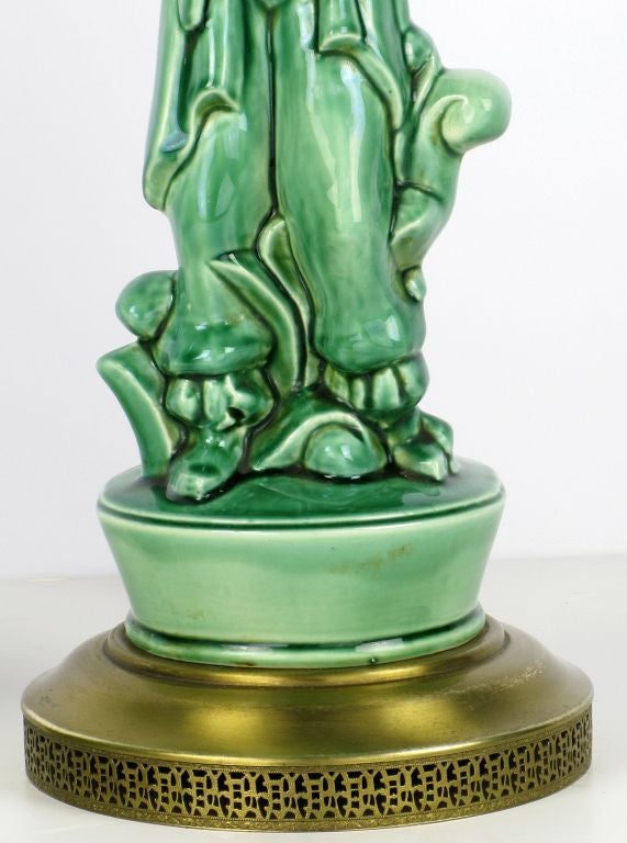 Mid-20th Century Pair of Jade Green Porcelain Asian Figure Table Lamps