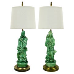 Vintage Pair of Jade Green Porcelain Asian Figure Table Lamps