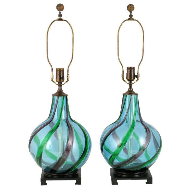 Pair Aqua Murano Lamps With Emerald And Amethyst Appliques