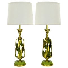 Pair Stylized Pineapple Brass & ChartreuseTable Lamps
