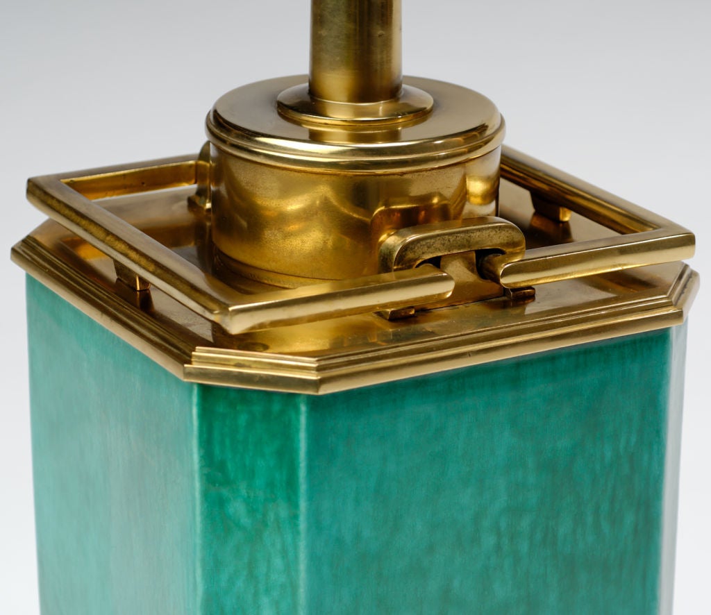 Large 1940s Stiffel Green Ceramic & Brass Lamp By Edwin Cole 1