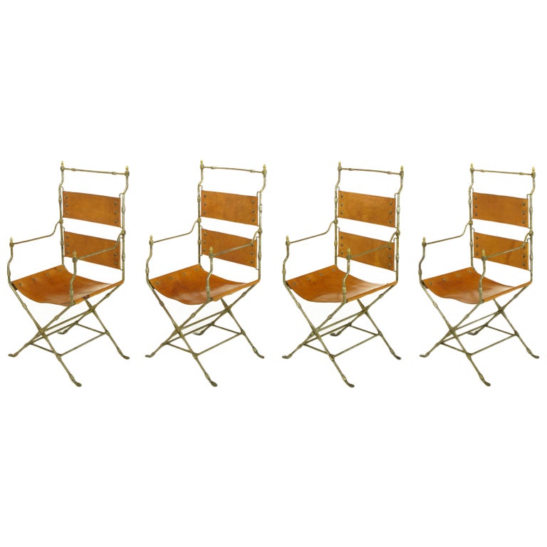 Four Custom Leather & Hand Forged Iron X-Base Sling Chairs