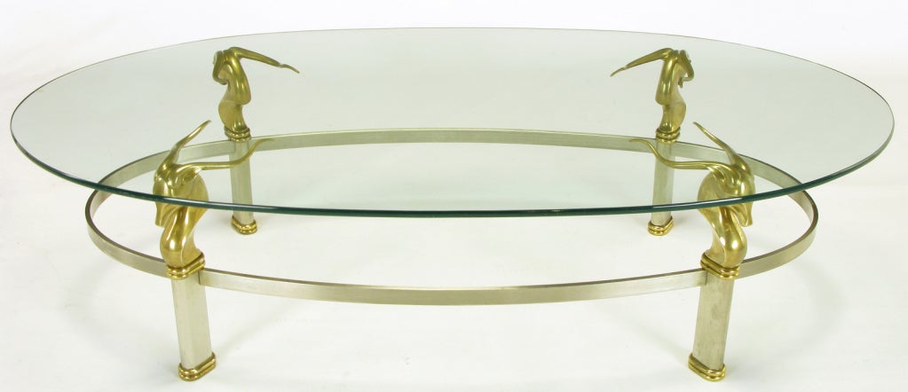 Brushed Stainless Oval Coffee Table With Brass Gazelle Heads In Good Condition For Sale In Chicago, IL
