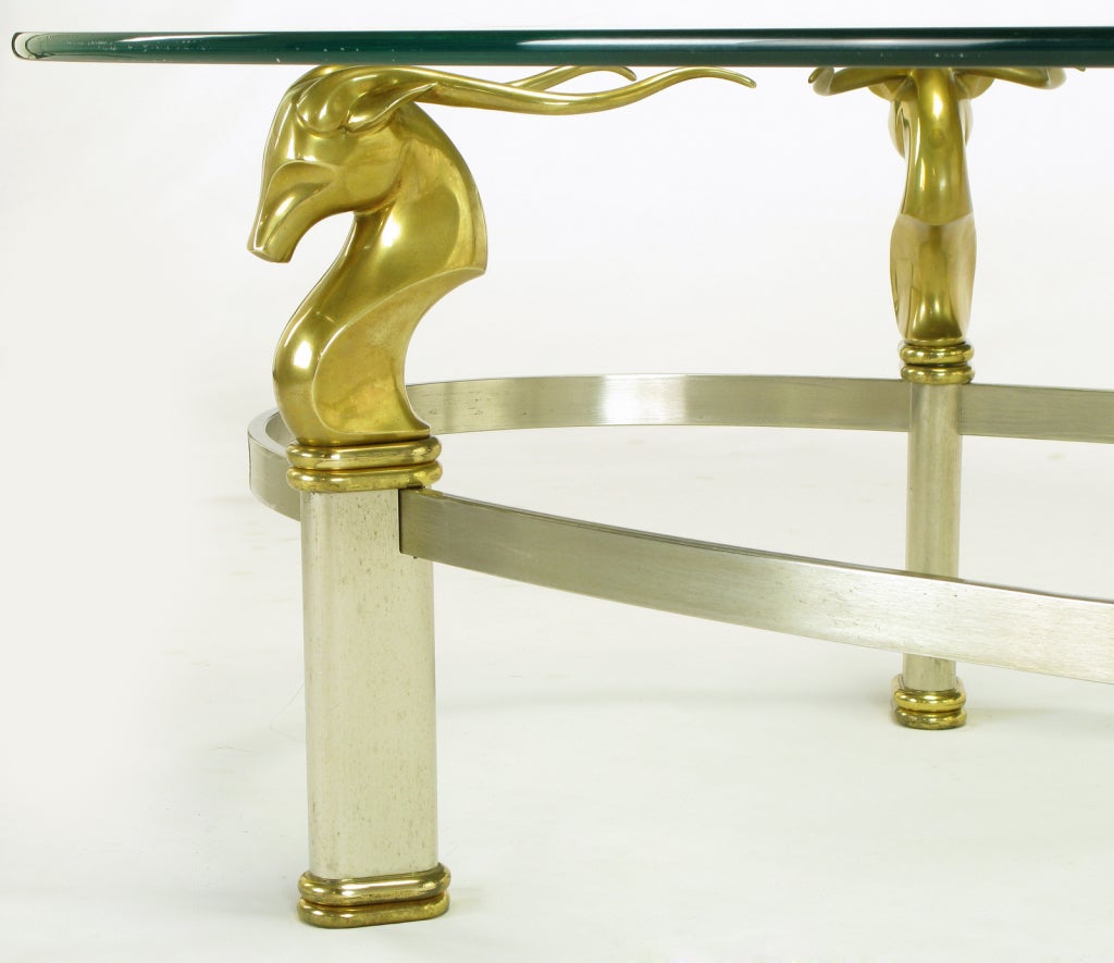 Brushed Stainless Oval Coffee Table With Brass Gazelle Heads For Sale 2