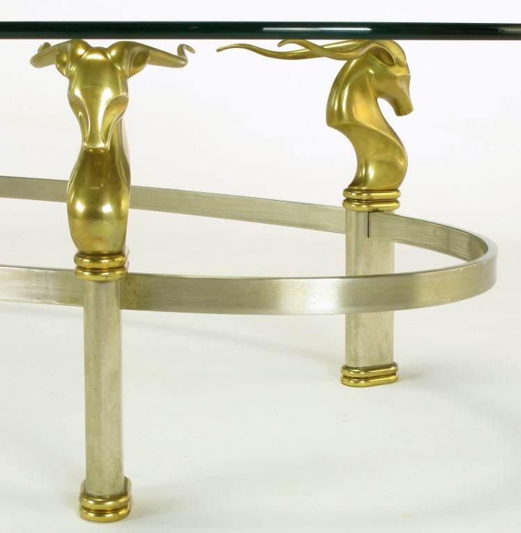 Brushed Stainless Oval Coffee Table With Brass Gazelle Heads For Sale 3