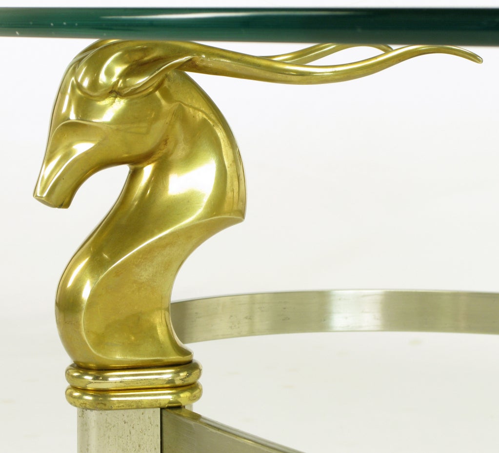Table basse ovale en acier inoxydable brossé avec têtes de gazelles en laiton en vente 3