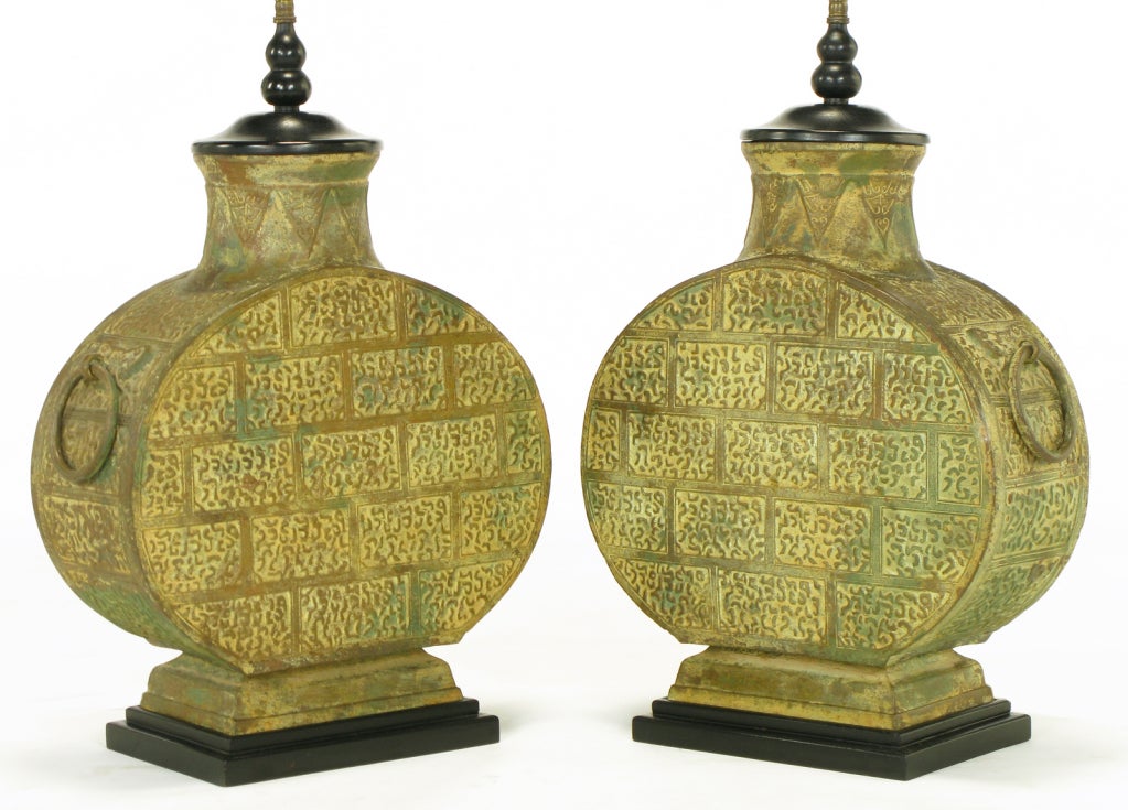 Mid-20th Century Pair Monumental Bronze Chinese Urn Table Lamps