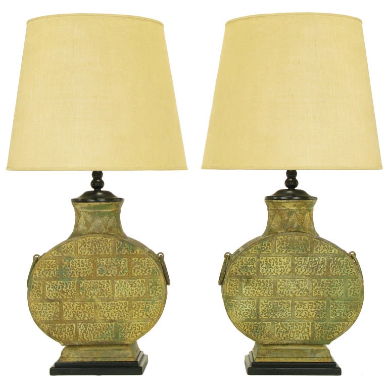 Pair Monumental Bronze Chinese Urn Table Lamps