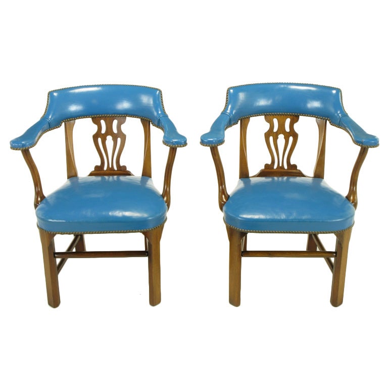 Pair Barnard & Simonds Blue Leather & Mahogany Arm Chairs