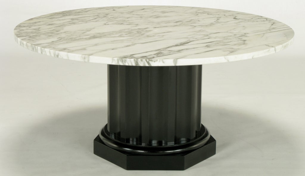 White Carrera Marble Coffee Table With Ebonized Fluted Wood Base at 1stDibs