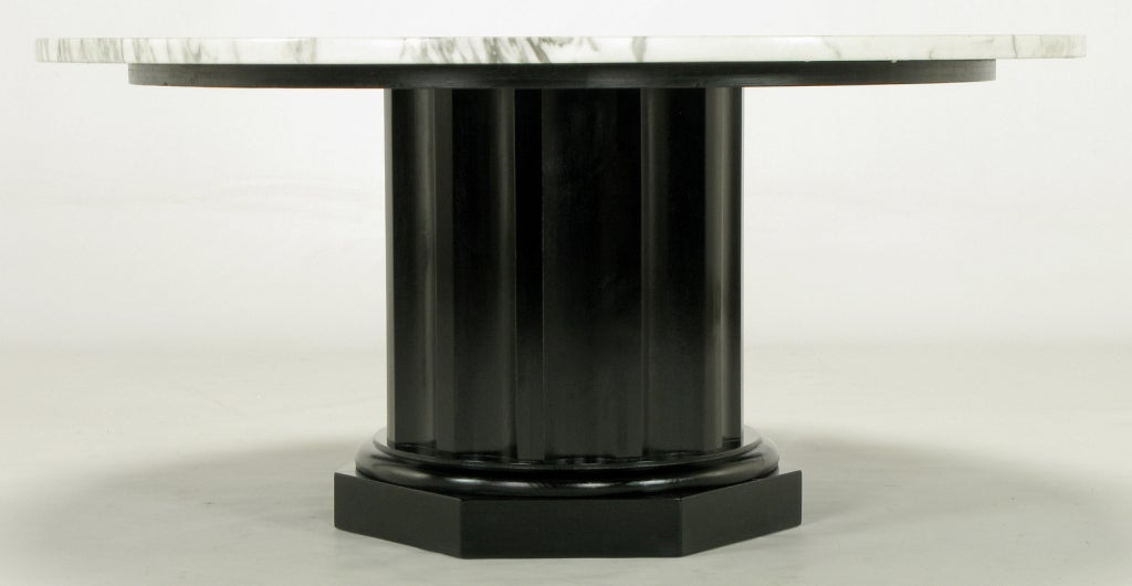 White Carrera Marble Coffee Table With Ebonized Fluted Wood Base 1