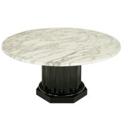 White Carrera Marble Coffee Table With Ebonized Fluted Wood Base