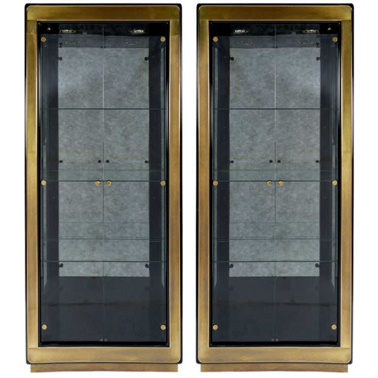 Pair Black Lacquer 
Brass Mastercraft Display Cabinets