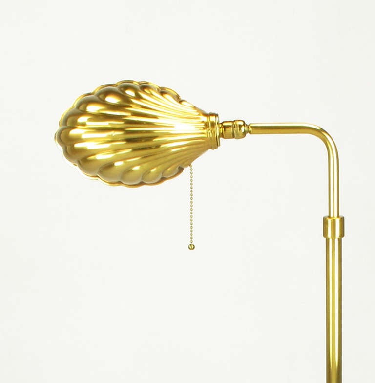 Pharmacy Style Brass Shell Shade Floor Lamp In Excellent Condition In Chicago, IL
