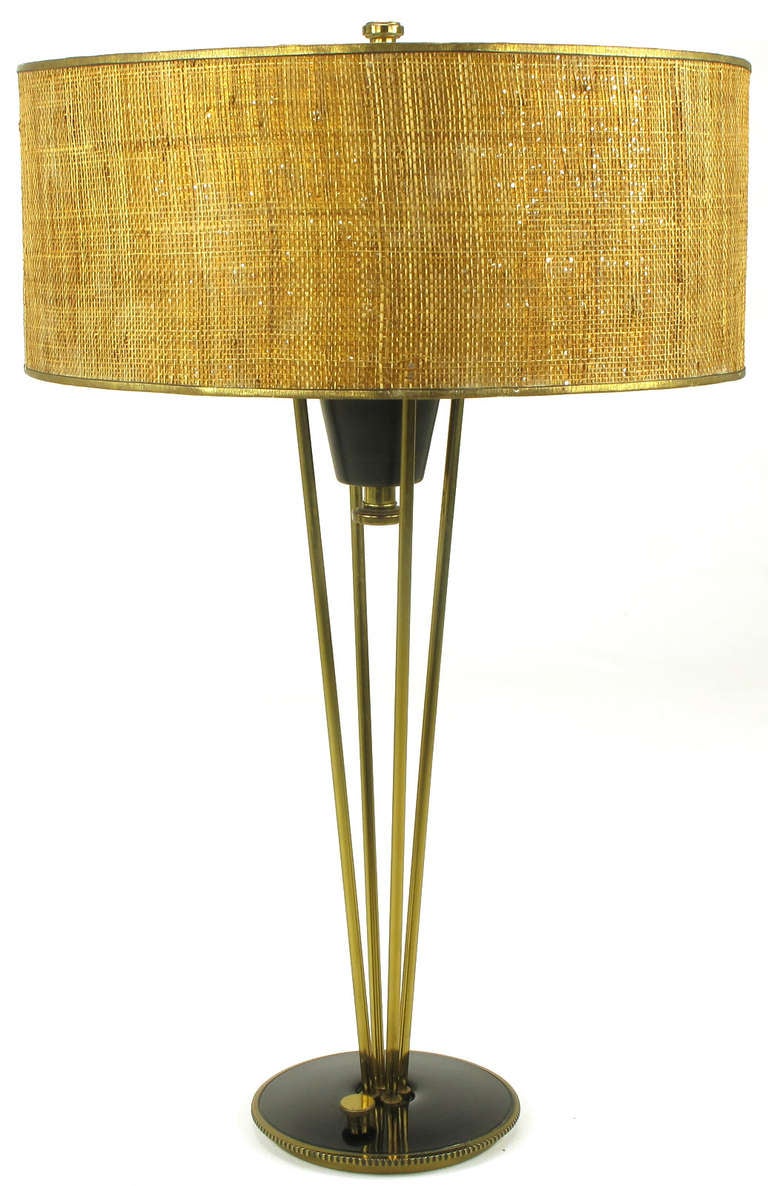 Rare 1950s Stiffel suspension table lamp. Four brass rods with ball finials support a black lacquered cup with internal light socket. Original off white lacquered steel diffuser and burlap wrapped shade. Black lacquer and brass base is eight inches