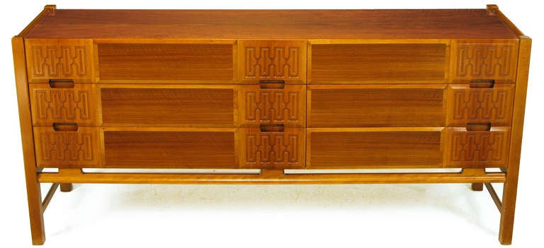 Swedish Teak Carved-Front Long Dresser Attributed to Edmond Spence In Good Condition In Chicago, IL