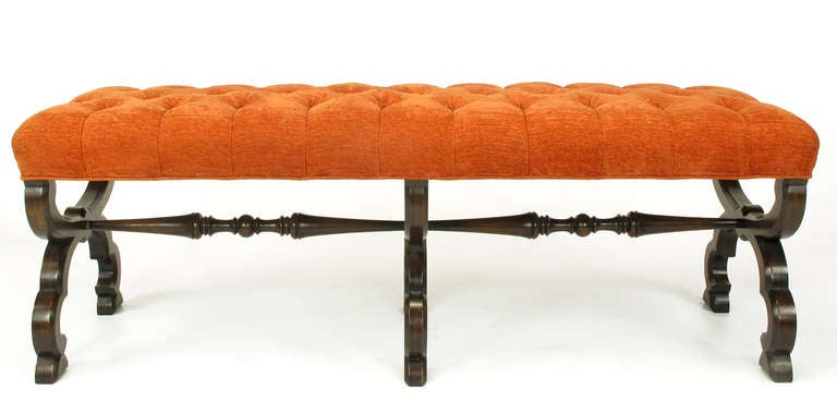 John Widdicomb Spanish Revival Button Tufted Bench In Good Condition In Chicago, IL
