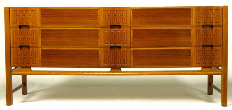 Mid-20th Century Swedish Teak Carved-Front Long Dresser Attributed to Edmond Spence