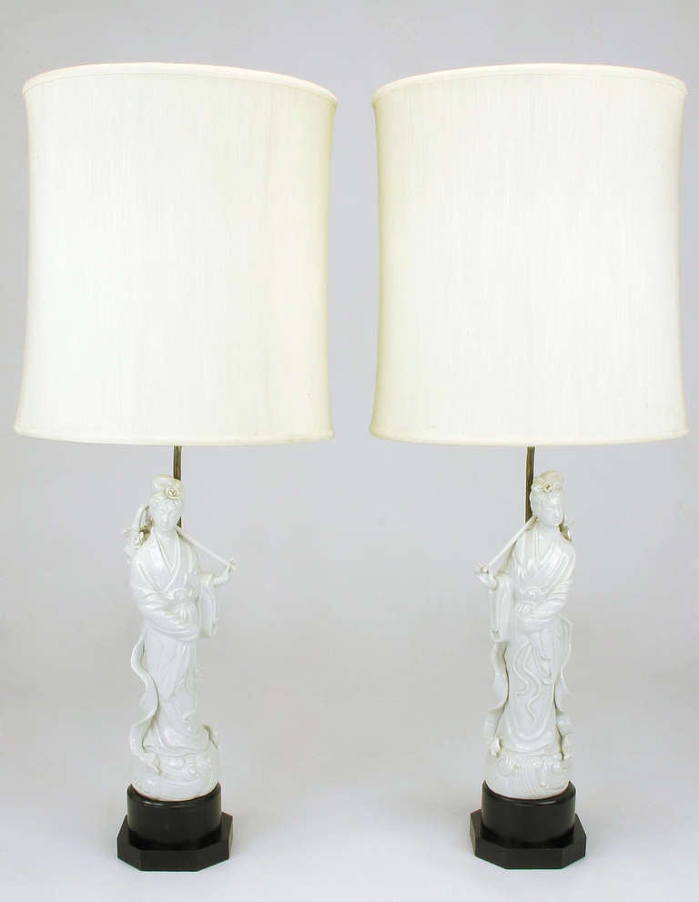 Chinese Pair Blanc De Chine Female Figure Table Lamps