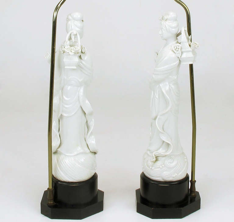 Mid-20th Century Pair Blanc De Chine Female Figure Table Lamps