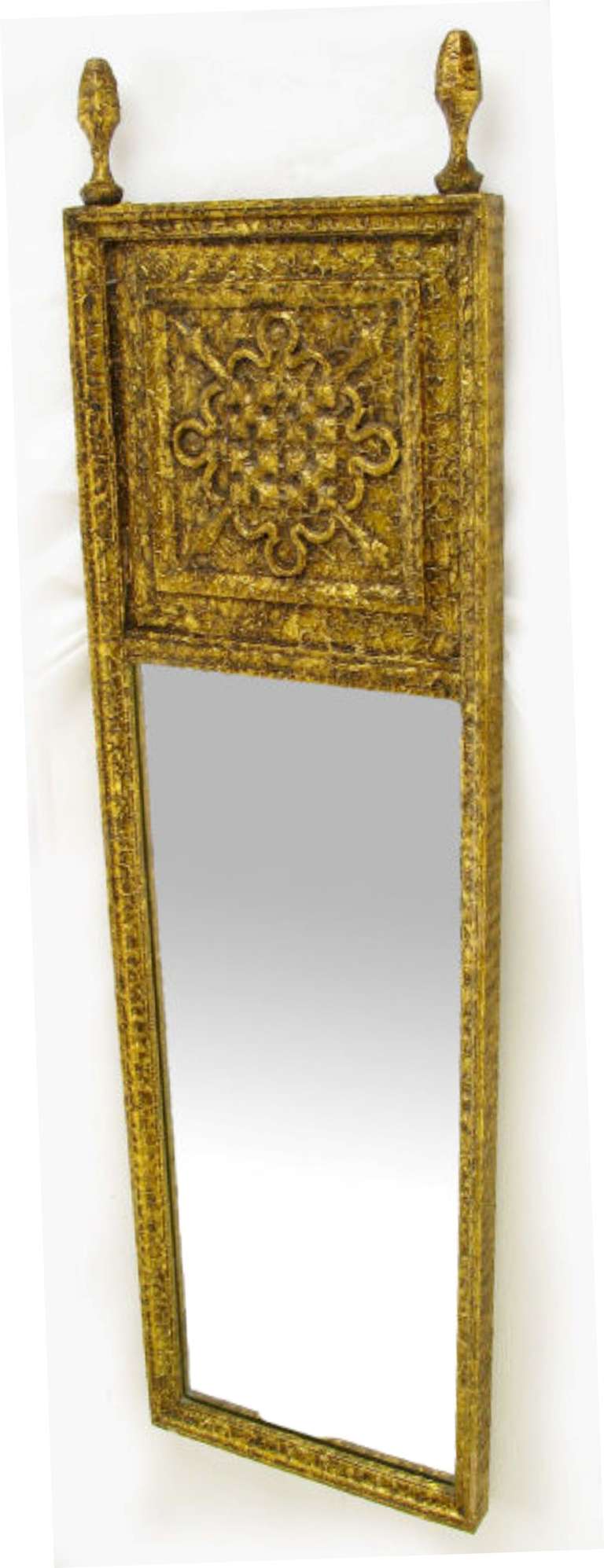 American Gilt Moorish Trumeau Mirror With Finials & Arrow Cartouche