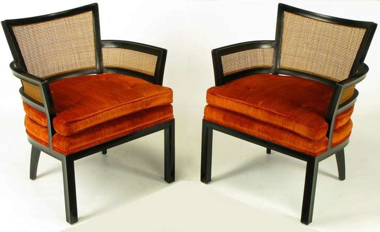 American Pair Baker Ebonized Mahogany & Cane Button Tufted Arm Chairs