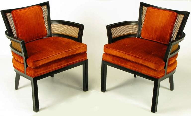 Pair Baker Ebonized Mahogany & Cane Button Tufted Arm Chairs In Good Condition In Chicago, IL