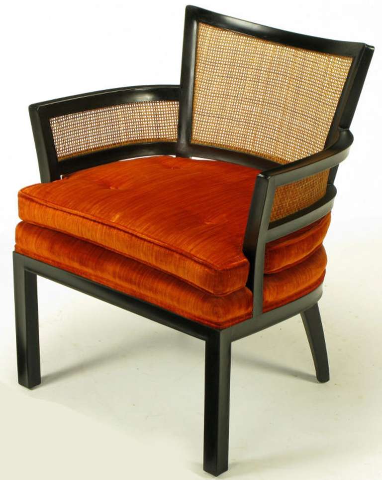 Mid-20th Century Pair Baker Ebonized Mahogany & Cane Button Tufted Arm Chairs