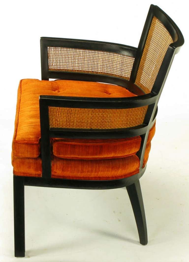 Pair Baker Ebonized Mahogany & Cane Button Tufted Arm Chairs 1