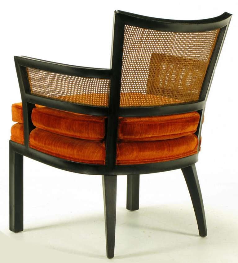 Pair Baker Ebonized Mahogany & Cane Button Tufted Arm Chairs 2