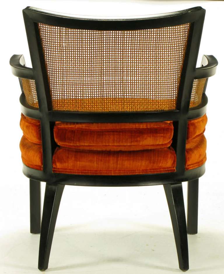 Pair Baker Ebonized Mahogany & Cane Button Tufted Arm Chairs 3
