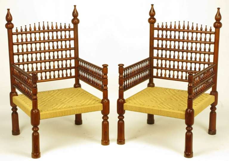 Pair Grand Moroccan Inspired Teak Open Fretwork & Rush Arm Chairs In Excellent Condition In Chicago, IL