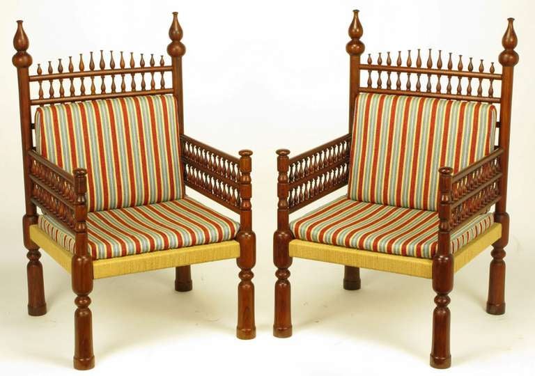 Pair Grand Moroccan Inspired Teak Open Fretwork & Rush Arm Chairs 1