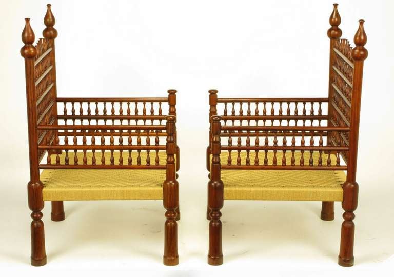Mid-20th Century Pair Grand Moroccan Inspired Teak Open Fretwork & Rush Arm Chairs