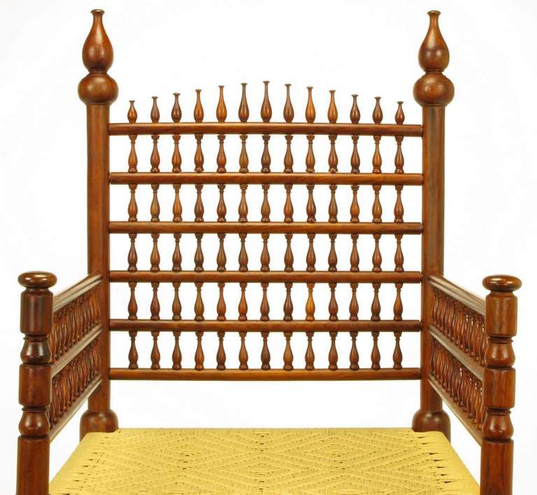 Pair Grand Moroccan Inspired Teak Open Fretwork & Rush Arm Chairs 3